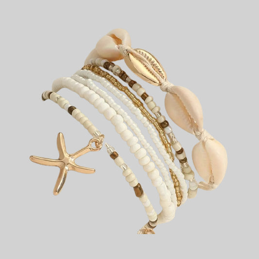 7pcs Beaded Bracelet Set With Shell & Starfish Charms