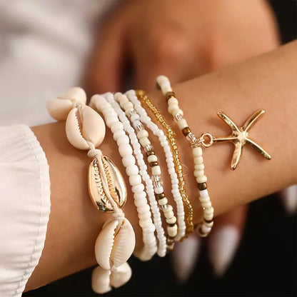 7pcs Beaded Bracelet Set With Shell & Starfish Charms